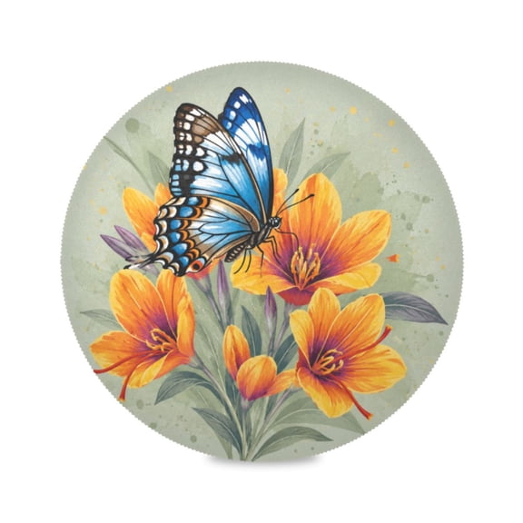 15" Orange Flower Printed Round Placemats Set of 1 Heat Resistant Table Mat for Kitchen for Party Deco