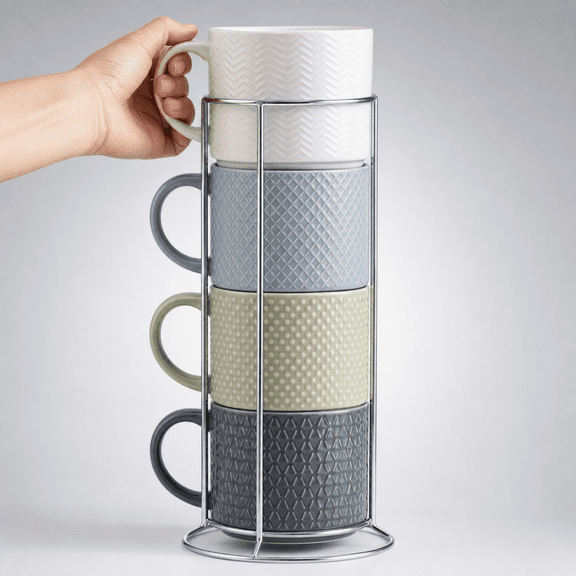 15 Ounce Multicolor Ceramic Stackable Mug Set with Metal Stand
