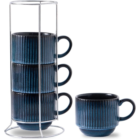 15 Ounce Ribbed Stackable Ceramic Latte Mug Set of 4 with Metal Stand Navy Blue
