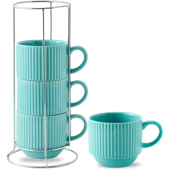 15 Ounce Stackable Ribbed Ceramic Latte Mug Set of 4 with Stand Dishwasher and Microwave Safe Teal