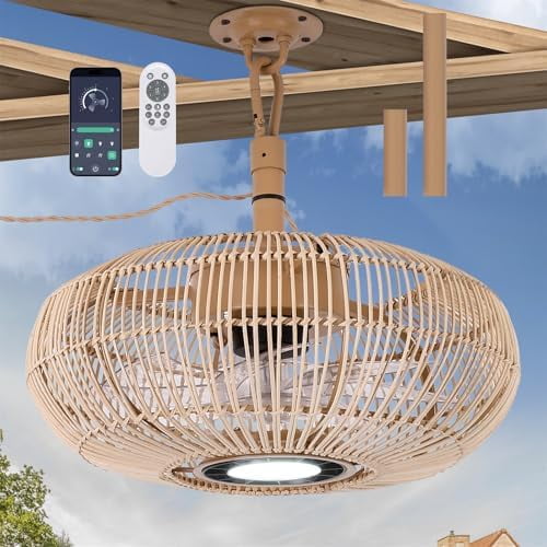 15'' Outdoor Gazebo Fan with Lights and Remote, Outside/Indoor Hanging Rattan Ceiling Fan, 3CCT Dimmable, 6-Speed DC Motor, Plug-in Wicker Woven Caged Ceiling Fans for Porch Pergola Canopy