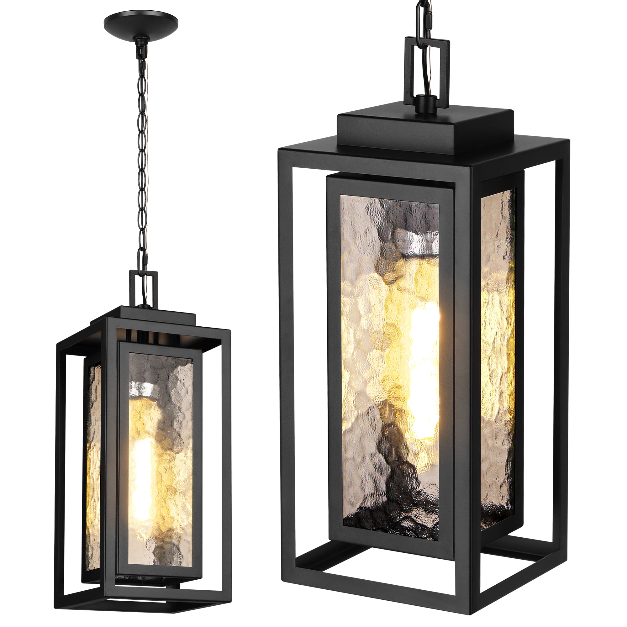 15" Outdoor Pendant Light, Modern Outside Hanging Porch Light, Black Outdoor Chandelier with Water-Ripple Glass, Metal Double Frame Exterior Hanging Lantern Ceiling Mount for Porch (Bulb Included)