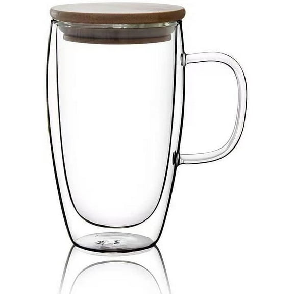 15 Oz Double Walled Coffee Cups Glass Coffee Mugs Clear Coffee Mug with Lid Insulated Coffee Mug Perfect for Cappuccino,Tea,milk ,Espresso,juice, Hot Beverage with Handle (15oz, with bamboo lid)