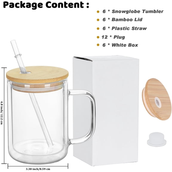 15 Oz Pre-Drilled Glass Snow Globe Tumbler with Handle, 6 Pack Double Wall Snowglobe Cup Coffee Mug For Snow Globe Diy Glitter, Clear$$Home Decor, Kitchen, & Other