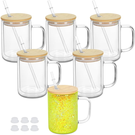 15 Oz Pre-Drilled Glass Snow Globe Tumbler with Handle, 6 Pack Double Wall Snowglobe Cup Coffee Mug For Snow Globe Diy Glitter, Clear