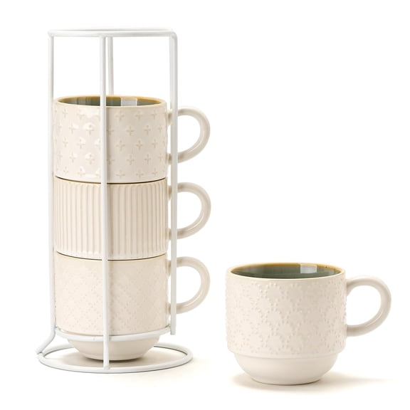 15 Oz Stackable Ceramic Coffee Mug Set, White & Green, For Hot Drinks