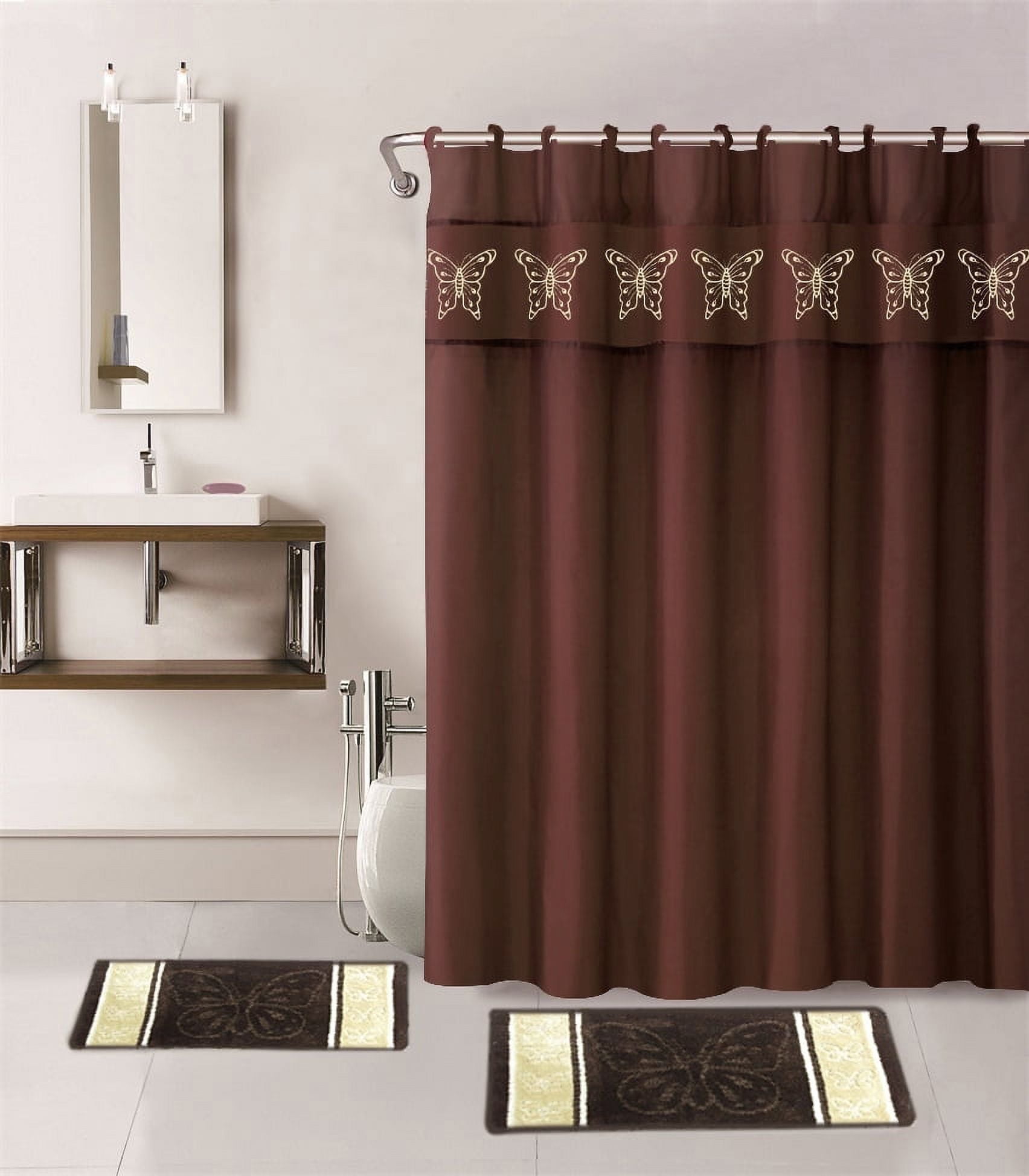 15-P BROWN BUTTERFLY ANGEL Bathroom Bundle Mat Set, 2 (Two) Embossed Thick Bath Rugs, 1 (One) Embroidery Shower Curtain and 12 Fabric Covered Rings Included (Brown)