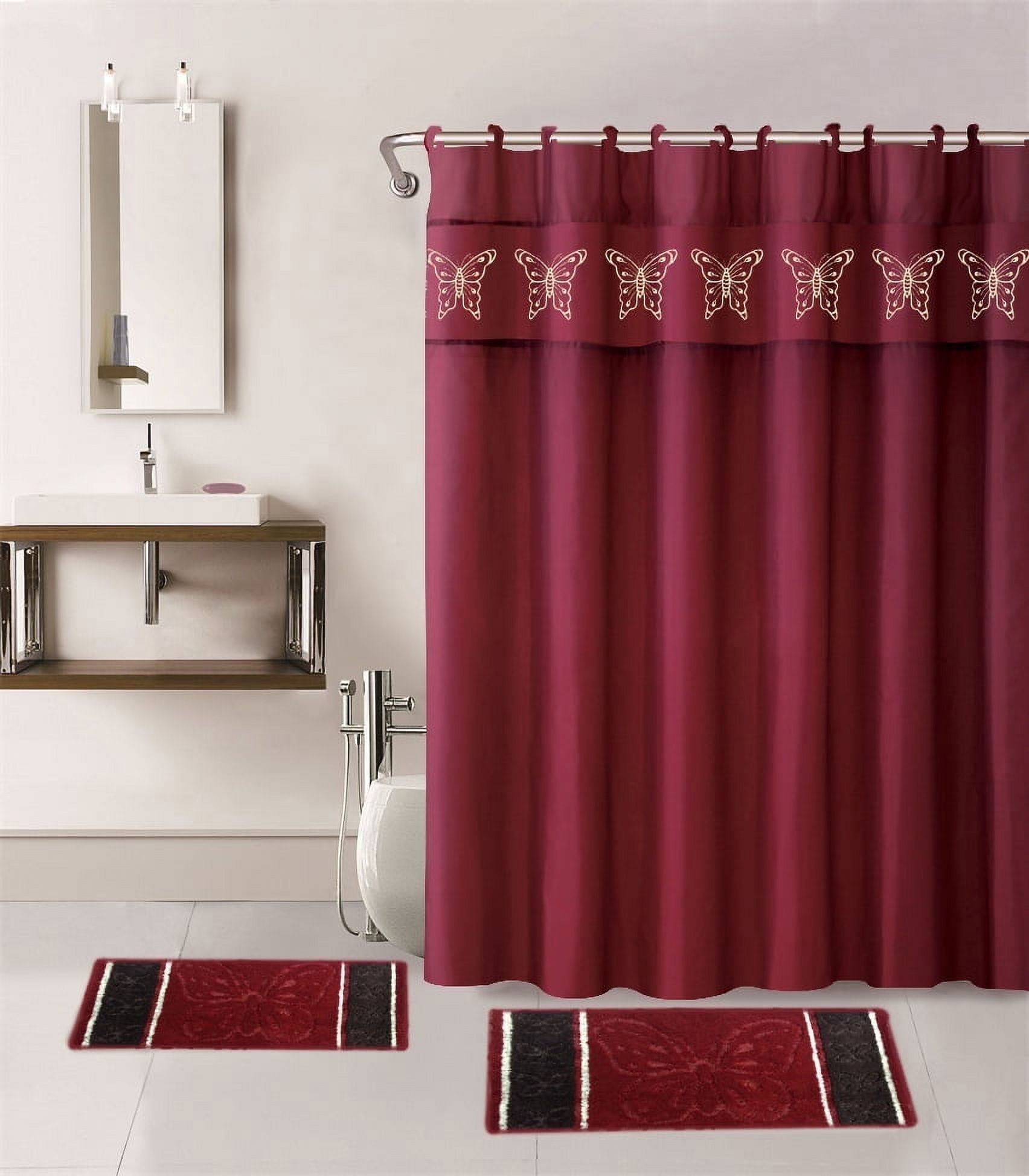 15-P BURGUNDY BUTTERFLY ANGEL Bathroom Bundle Mat Set, 2 (Two) Embossed Thick Bath Rugs, 1 (One) Embroidery Shower Curtain and 12 Fabric Covered Rings Included (Burgundy)