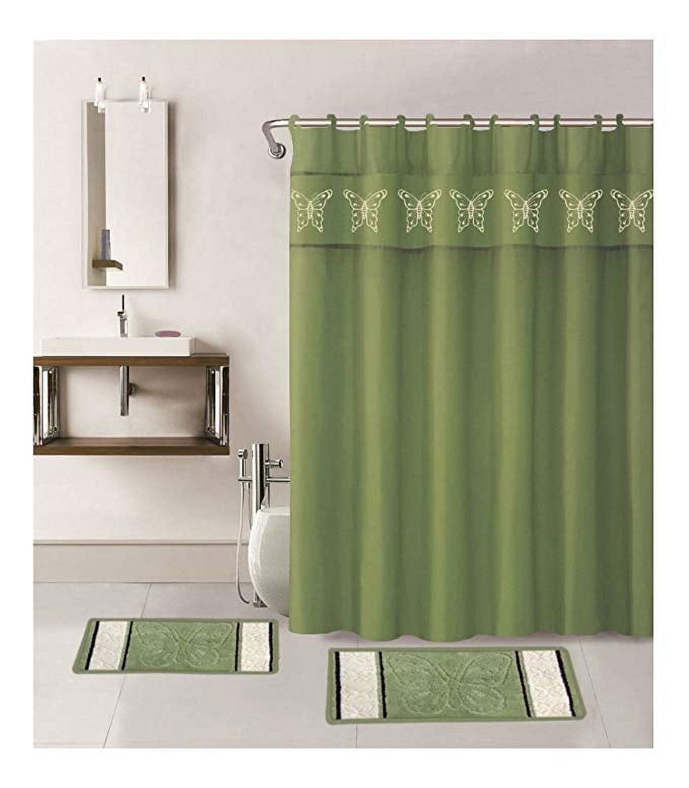 15-P SAGE BUTTERFLY ANGEL Bathroom Bundle Mat Set, 2 (Two) Embossed Thick Bath Rugs, 1 (One) Embroidery Shower Curtain and 12 Fabric Covered Rings Included (Sage)