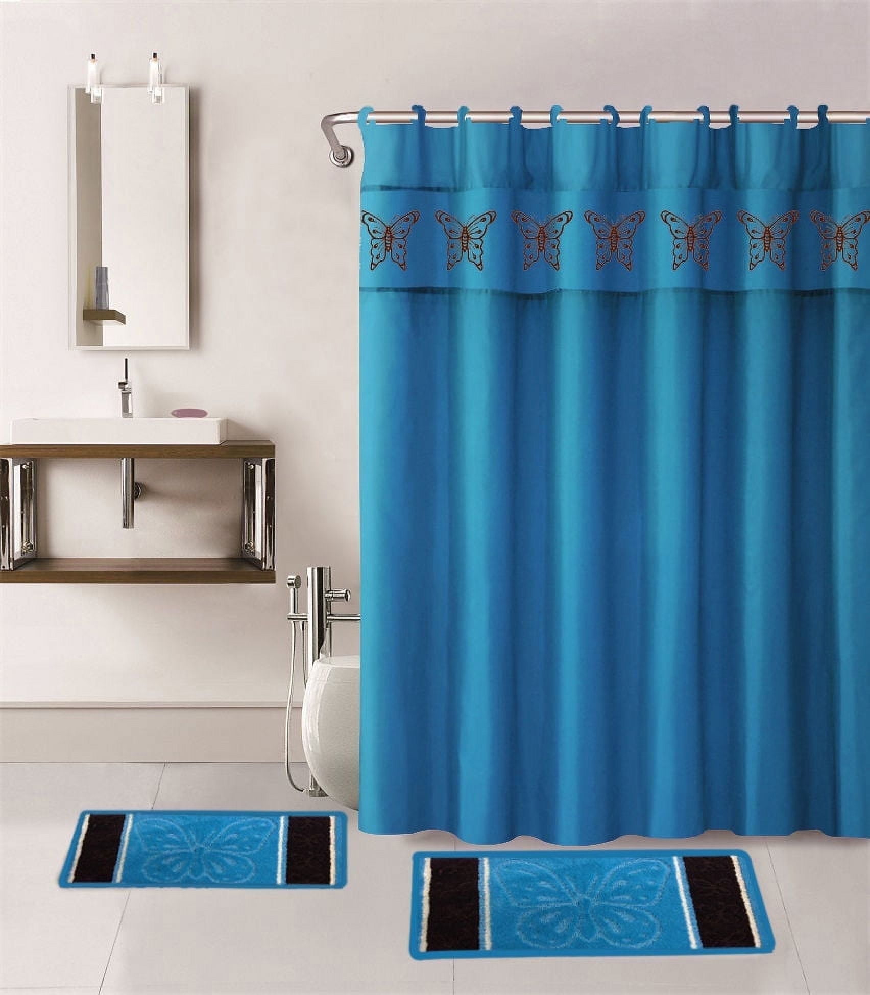 15-P TURQUOISE BUTTERFLY ANGEL Bathroom Bundle Mat Set, 2 (Two) Embossed Thick Bath Rugs, 1 (One) Embroidery Shower Curtain and 12 Fabric Covered Rings Included (Turquoise)