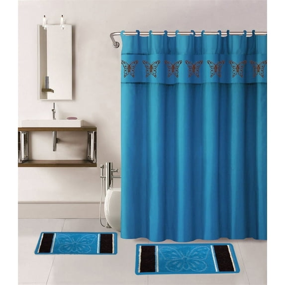 15-P TURQUOISE BUTTERFLY ANGEL Bathroom Bundle Mat Set, 2 (Two) Embossed Thick Bath Rugs, 1 (One) Embroidery Shower Curtain and 12 Fabric Covered Rings Included (Turquoise)