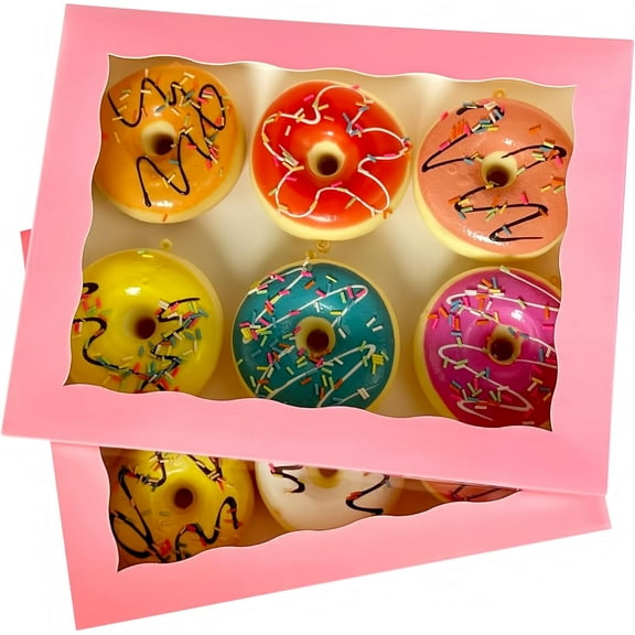15-PACK Pink Pastry Bakery Box 10x7.5x2.5inch,Large Donuts,Muffins,Cookies Boxes with PVC Window - Auto-Pop up Paper Box Nature Cardboard Take Out Container,Pack of 15