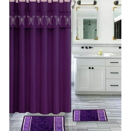 15-PC BUTTERFLY PURPLE Hotel Bathroom Sets - 2 Non-Slip Bath Mats Rugs Fabric Shower Curtain 12-Hooks