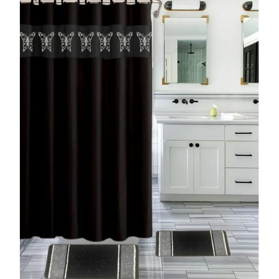15-PC Butterfly Black High Quality Jacquard Bathroom Bath Mat Set, Washable Anti Slip Large Rug 18"x30", Small Rug 18"x24" with Non-Skid Rubber Back, Shower Curtain and 12 Round Shower Hooks