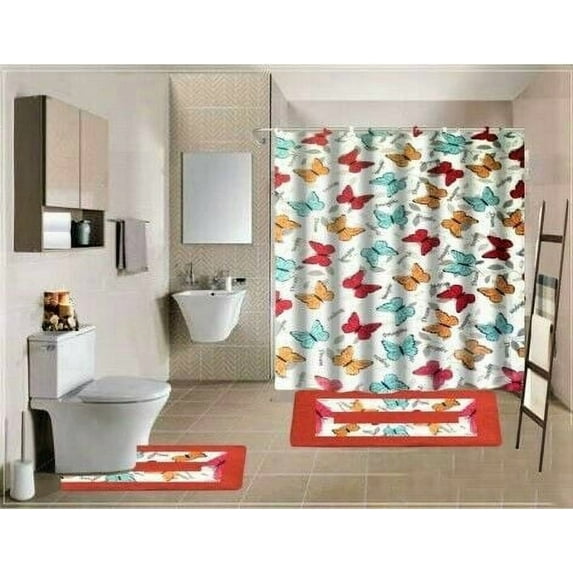 15-PC Butterfly Red High Quality Jacquard Bathroom Bath Rug Set Washable Anti Slip Rug 17"x28", Contour Mat 17"x17" with Non-Skid Rubber Back and Shower Curtain 12 rings covered
