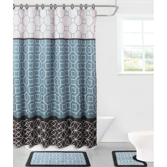 15-PC Diamond BLACK GREY High Quality Jacquard Bathroom Bath Rug Set Washable Anti Slip Rug 17"x28", Contour Mat 17"x17" with Non-Skid Rubber Back and Shower Curtain 12 rings covered