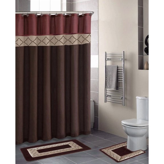 15-Piece Dynasty Burgundy #2 High Quality Jacquard Bathroom Bath Rug Set Anti-Slip and Shower Fabric Curtain