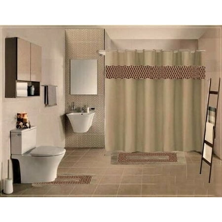 15-PC Fresco Taupe High Quality Jacquard Bathroom Bath Rug Set Washable Anti Slip Rug 17"x28", Contour Mat 17"x17" with Non-Skid Rubber Back and Shower Curtain 12 rings covered