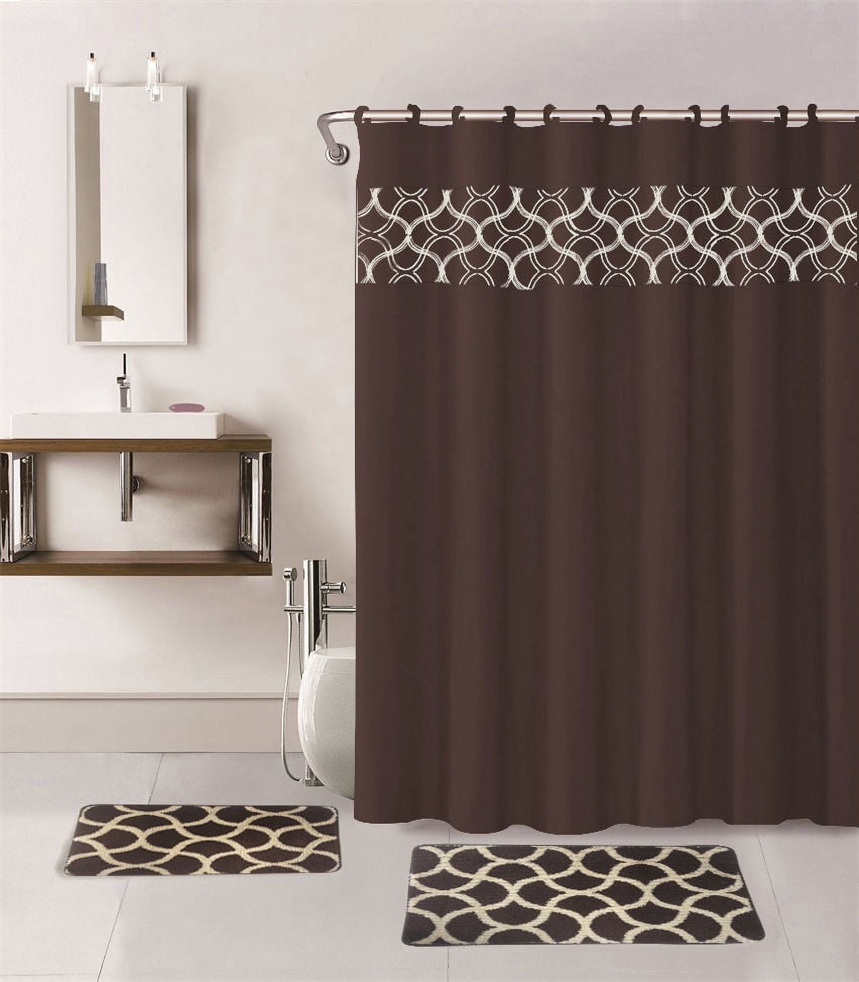 15-PC Geometric Brown HIGH QUALITY Jacquard Bathroom Bath Mat Set, Washable Anti Slip Large Rug 18"x30", Small Rug 18"x24" with Non-Skid Rubber Back, Shower Curtain and 12 Round Shower Hooks