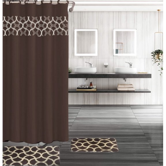 15-PC Geometric Brown Hotel Bathroom Set - 2 Non-Slip Bath Mats/Rugs, 1 72x72 Polyester Shower Curtain, and 12-Hooks