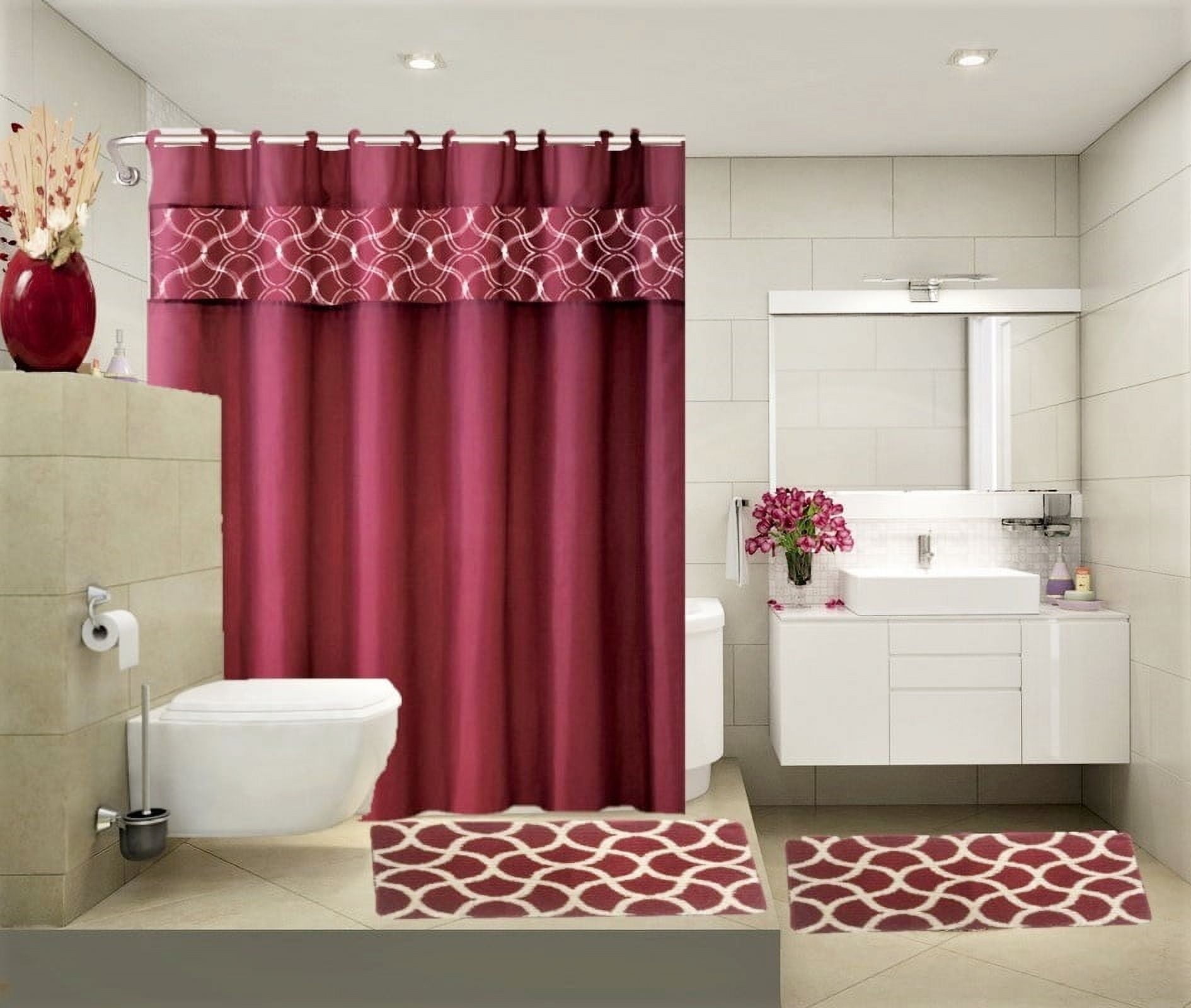15-PC Geometric Burgundy HIGH QUALITY Jacquard Bathroom Bath Mat Set, Washable Anti Slip Large Rug 18"x30", Small Rug 18"x24" with Non-Skid Rubber Back, Shower Curtain and 12 Round Shower Hooks