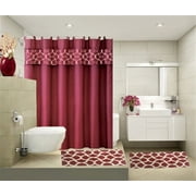 SAMIMPORT-2011 15-PC Geometric Burgundy HIGH QUALITY Jacquard Bathroom Bath Mat Set, Washable Anti Slip Large Rug 18"x30", Small Rug 18"x24" with Non-Skid Rubber Back, Shower Curtain and 12 Round Shower Hooks