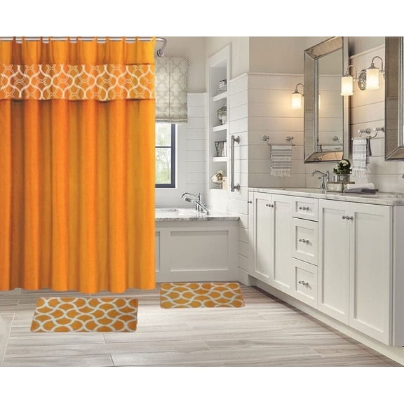 15-PC Geometric ORANGE HIGH QUALITY Jacquard Bathroom Bath Rug Set Washable Anti Slip Rug 18"x28", Contour Mat 18"x18" and shower with Non-Skid Rubber Back