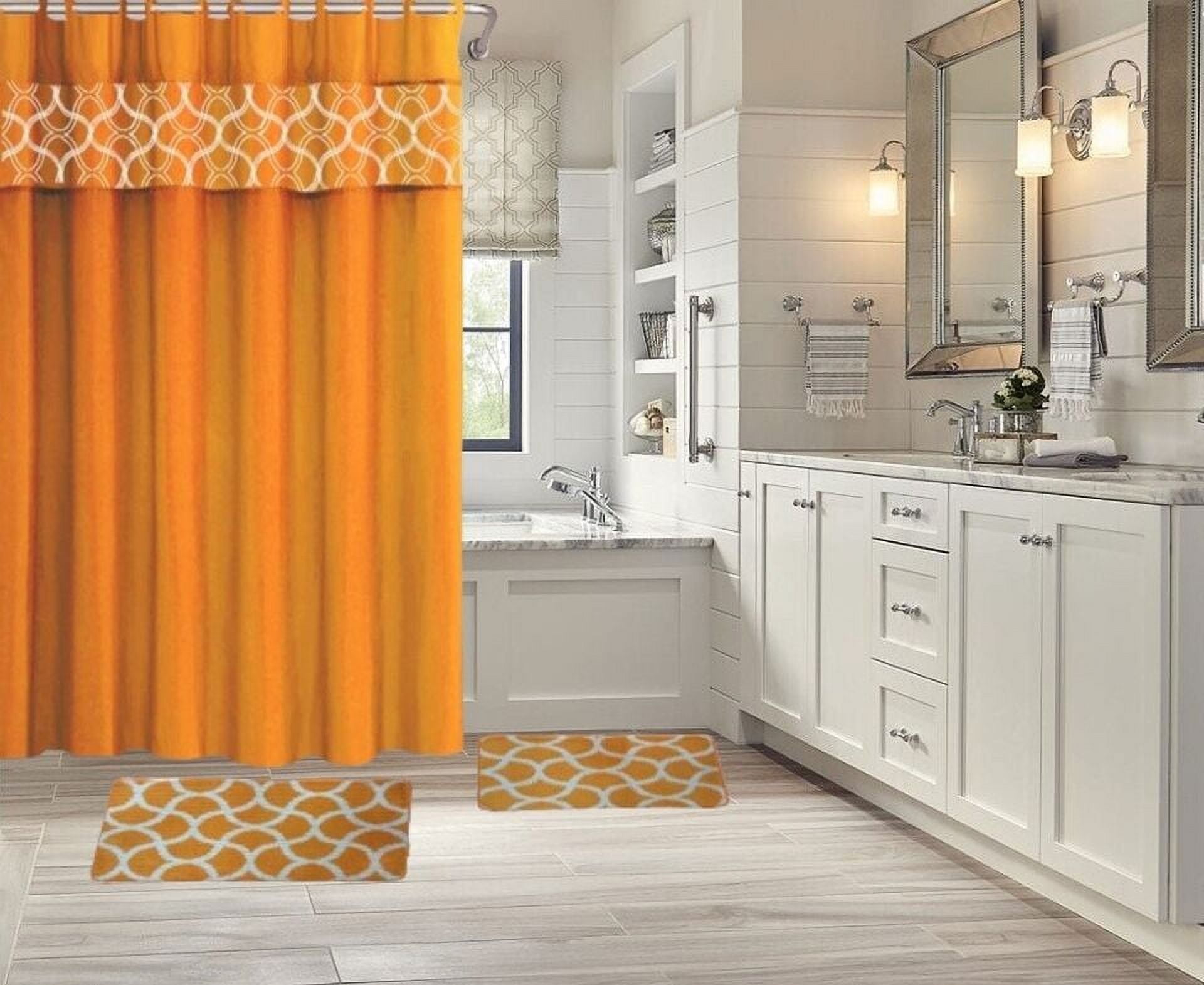 15-PC Geometric Orange HIGH QUALITY Jacquard Bathroom Bath Mat Set, Washable Anti Slip Large Rug 18"x30", Small Rug 18"x24" with Non-Skid Rubber Back, Shower Curtain and 12 Round Shower Hooks