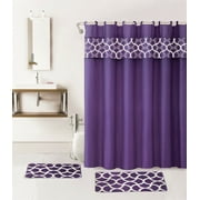15-PC Geometric Purple Hotel Bathroom Set - 2 Non-Slip Bath Mats/Rugs, 1 72x72 Polyester Shower Curtain, and 12-Hooks