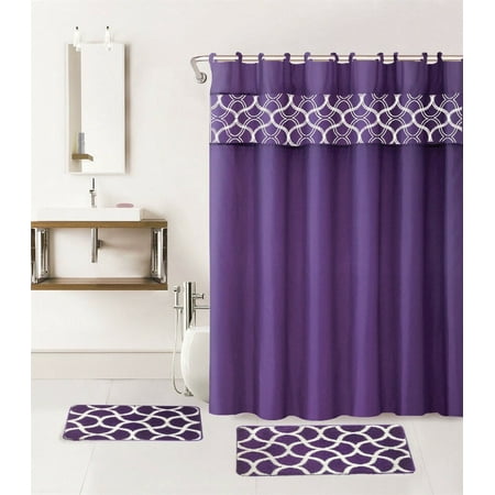 15-PC Geometric Purple Hotel Bathroom Set - 2 Non-Slip Bath Mats/Rugs, 1 72x72 Polyester Shower Curtain, and 12-Hooks