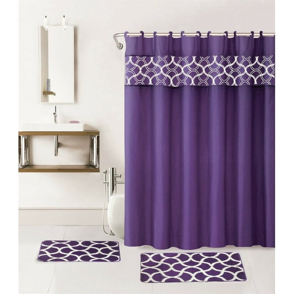15-PC Geometric Purple Hotel Bathroom Set - 2 Non-Slip Bath Mats/Rugs, 1 72x72 Polyester Shower Curtain, and 12-Hooks
