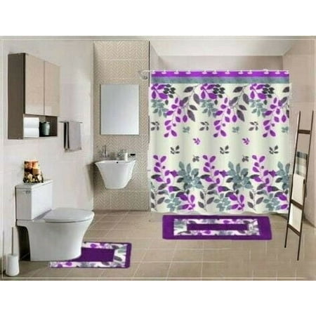 15-PC Hinata High Quality Jacquard Bathroom Bath Rug Set Washable Anti Slip Rug 17"x28", Contour Mat 17"x17" with Non-Skid Rubber Back and Shower Curtain 12 rings covered