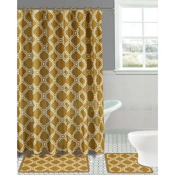 15-PC Honey GOLD High Quality Jacquard Bathroom Bath Rug Set Washable Anti Slip Rug 17"x28", Contour Mat 17"x17" with Non-Skid Rubber Back and Shower Curtain 12 rings covered