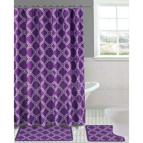 15-PC Honey PURPLE High Quality Jacquard Bathroom Bath Rug Set Washable Anti Slip Rug 17"x28", Contour Mat 17"x17" with Non-Skid Rubber Back and Shower Curtain 12 rings covered