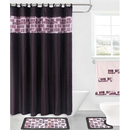 15-PC Kadir High Quality Jacquard Bathroom Bath Rug Set Washable Anti Slip Rug 17"x28", Contour Mat 17"x17" with Non-Skid Rubber Back and Shower Curtain 12 rings covered