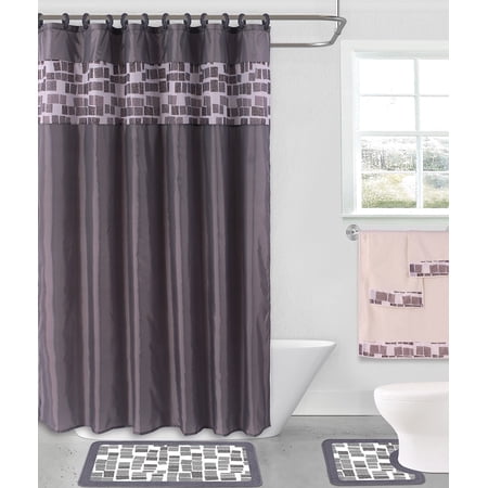 15-PC Kate Grey High Quality Jacquard Bathroom Bath Rug Set Washable Anti Slip Rug 17"x28", Contour Mat 17"x17" with Non-Skid Rubber Back and Shower Curtain 12 rings covered