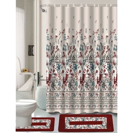 15-PC Lucy Red High Quality Jacquard Bathroom Bath Rug Set Washable Anti Slip Rug 17"x28", Contour Mat 17"x17" with Non-Skid Rubber Back and Shower Curtain 12 rings covered