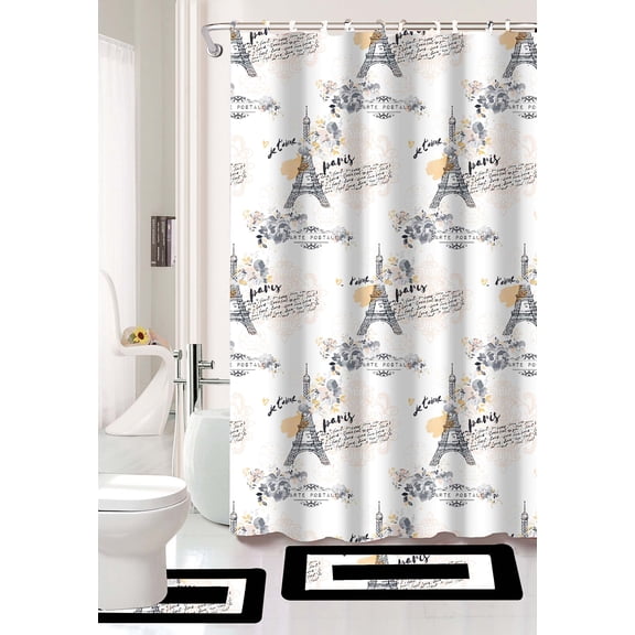 15-PC Paris High Quality Jacquard Bathroom Bath Rug Set Washable Anti Slip Rug 17"x28", Contour Mat 17"x17" with Non-Skid Rubber Back and Shower Curtain 12 rings covered