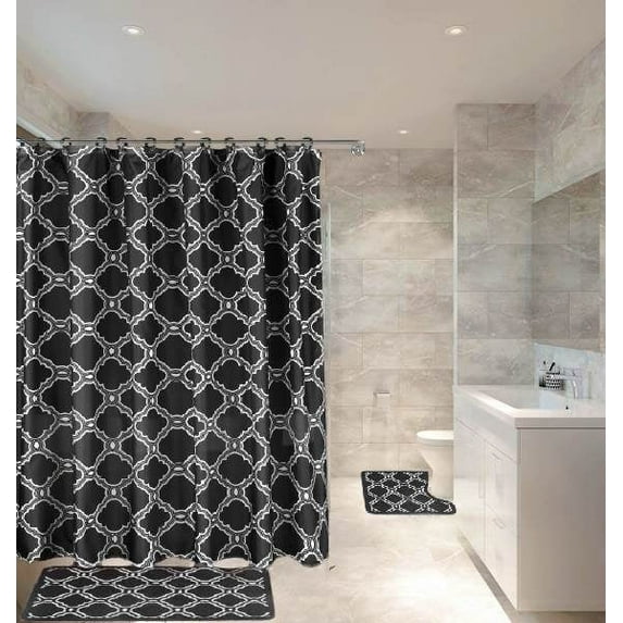 15-PC Ryan Black High Quality Jacquard Bathroom Bath Rug Set Washable Anti Slip Rug 17"x28", Contour Mat 17"x17" with Non-Skid Rubber Back and Shower Curtain 12 rings covered