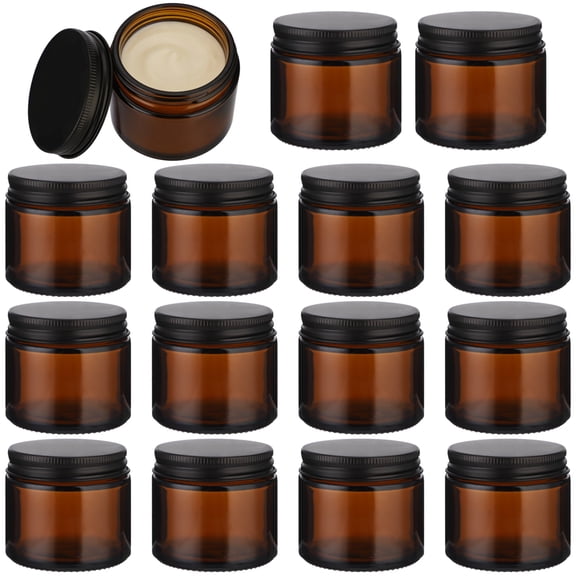 15 PCS 2 oz Amber Glass Jars, Round Glass Container with Metal Lid, Small Airtight Glass Containers for Cream Lotion Powder Beauty Products, Leakproof Empty Cosmetic Travel Jar