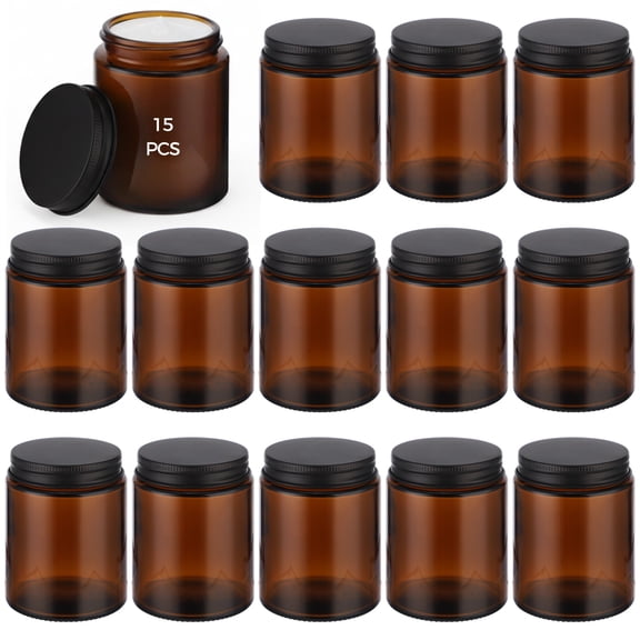 15 PCS 5 oz Amber Glass Jars, Round Glass Container with Metal Lid, Small Airtight Glass Containers for Cream Lotion Powder Beauty Products, Leakproof Empty Cosmetic Travel Jar