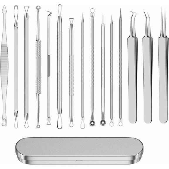 15 PCS Acne Blackhead Remover Kit, Stainless Steel Pimple Popper and Comedone Extractor Tool Set with Storage Case for Facial Skin Care