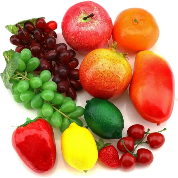 15 PCS Artificial Assorted Fruits Set Fake Grape Pomegranate Mango Strawberry Simulation Apple Lemon Orange Lifelike Decoration for Home Kitchen Table Shop
