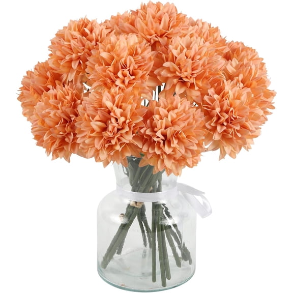 15 PCS Artificial Chrysanthemums Ball Flowers Bouquet Orange Fake Mums with Short Stems Fall Faux Silk Mums Flowers for Bridal Wedding Bouquet Fall Decor Home Table Centerpiece (Orange)
