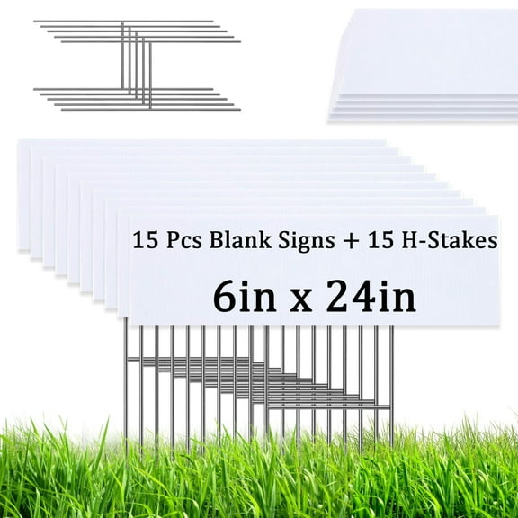 15 PCS Blank Yard Signs with H Metal Stakes, 6 x 24in Corrugated Plastic Garden Lawn Signs for Birthday, Garage Sales, Rent, Construction, Graduations