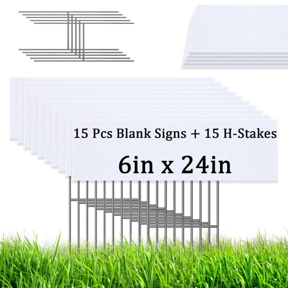 15 PCS Blank Yard Signs with H Metal Stakes, 6 x 24in Corrugated Plastic Garden Lawn Signs for Birthday, Garage Sales, Rent, Construction, Graduations