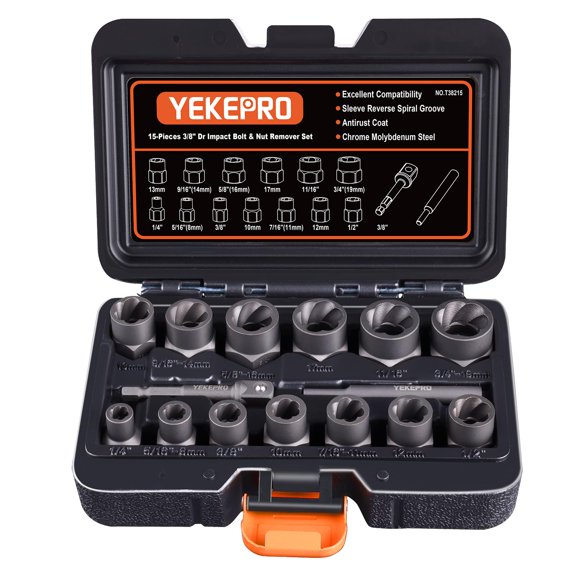 15 PCS Bolt Extractor Set, 3/8" Drive Impact Bolt & Nut Remover Socket Tool Kit, Stripped For Damaged, Frozen, Studs, Rusted, Rounded-Off Bolts, Nuts & Screws, Cr-Mo Steel, T38215