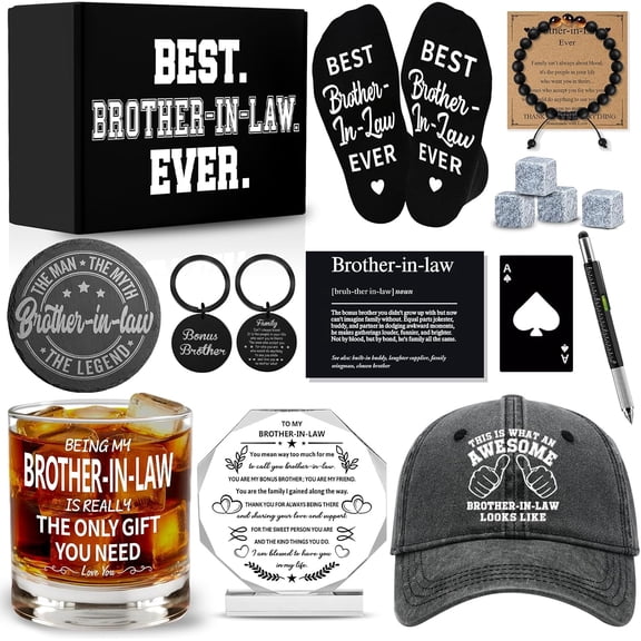 15 PCS Brother In Law Gifts from Sister, Brother, Family with 11 Oz Whiskey Glass Coaster Stones Cap Socks Acrylic Plaque Bracelet Pen, Brothers In Laws Gifts for Christmas Father's Day Birthday