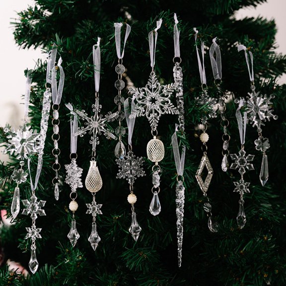 15 PCS Clear Crystal Christmas Ornaments for Christmas Tree,Acrylic Snowflake Icicle Hanging Ornaments with Drop Pendants for Xsmas Winter Wonderland Holiday Season Home Christmas Decor(Clear)
