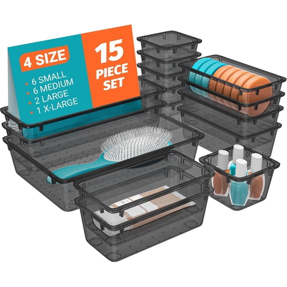 15 PCS Clear Plastic Drawer Organizer Set, 4-Size Acrylic Drawer Storage Trays, Storage Bins for Makeup, Gadgets, and Jewelry in Bathroom, Bedroom and Office, Clear Black